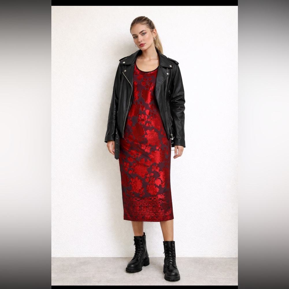Vintage 90s grunge goth velvet burnout, midi dress sz 12 petite bodycon long red